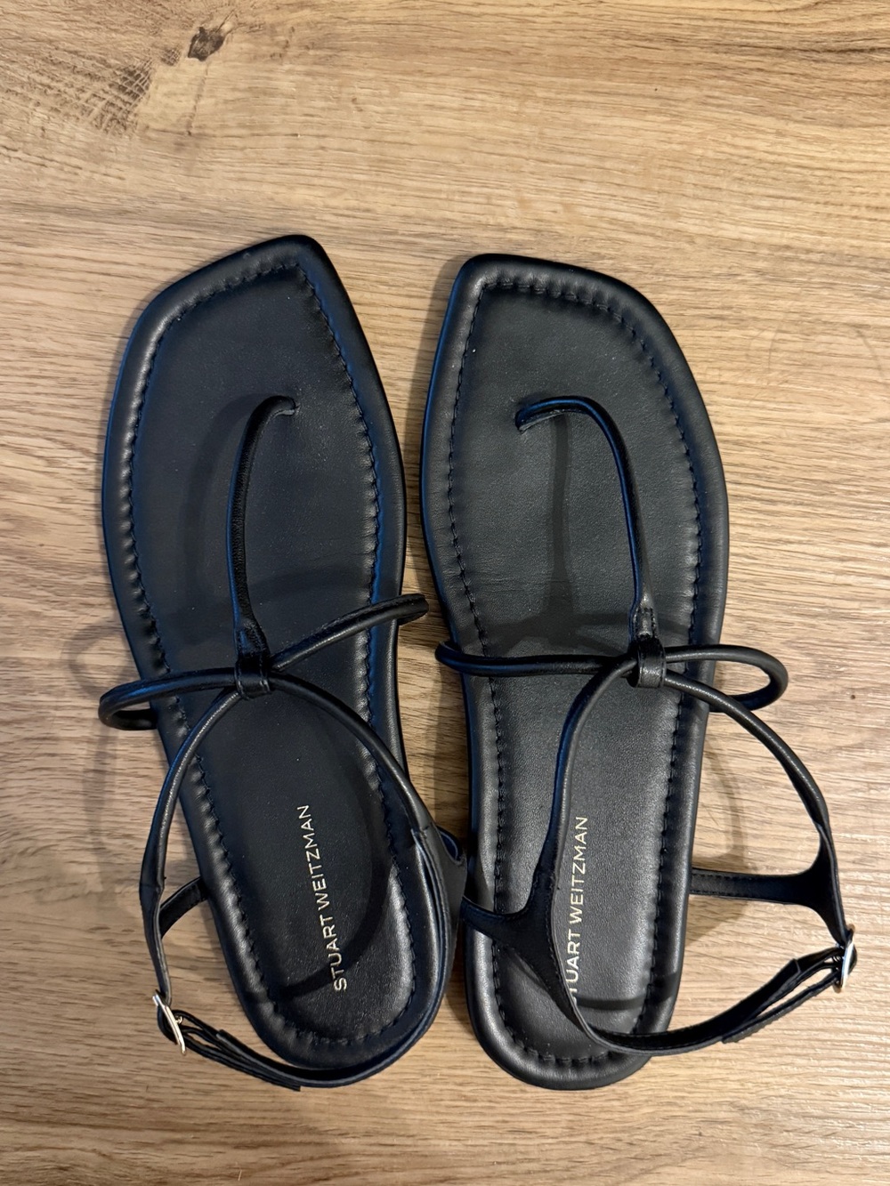 Stuart Weitzman Black Leather Square-Toe Knot-Strap Sandals